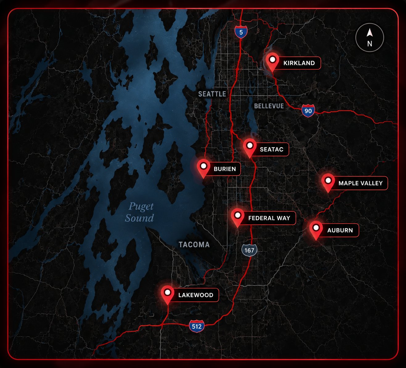 Map of the Puget Sound area showing our seven Birrieria Tijuana locations: Kirkland, SeaTac, Burien, Maple Valley, Federal Way, Auburn, and Lakewood.